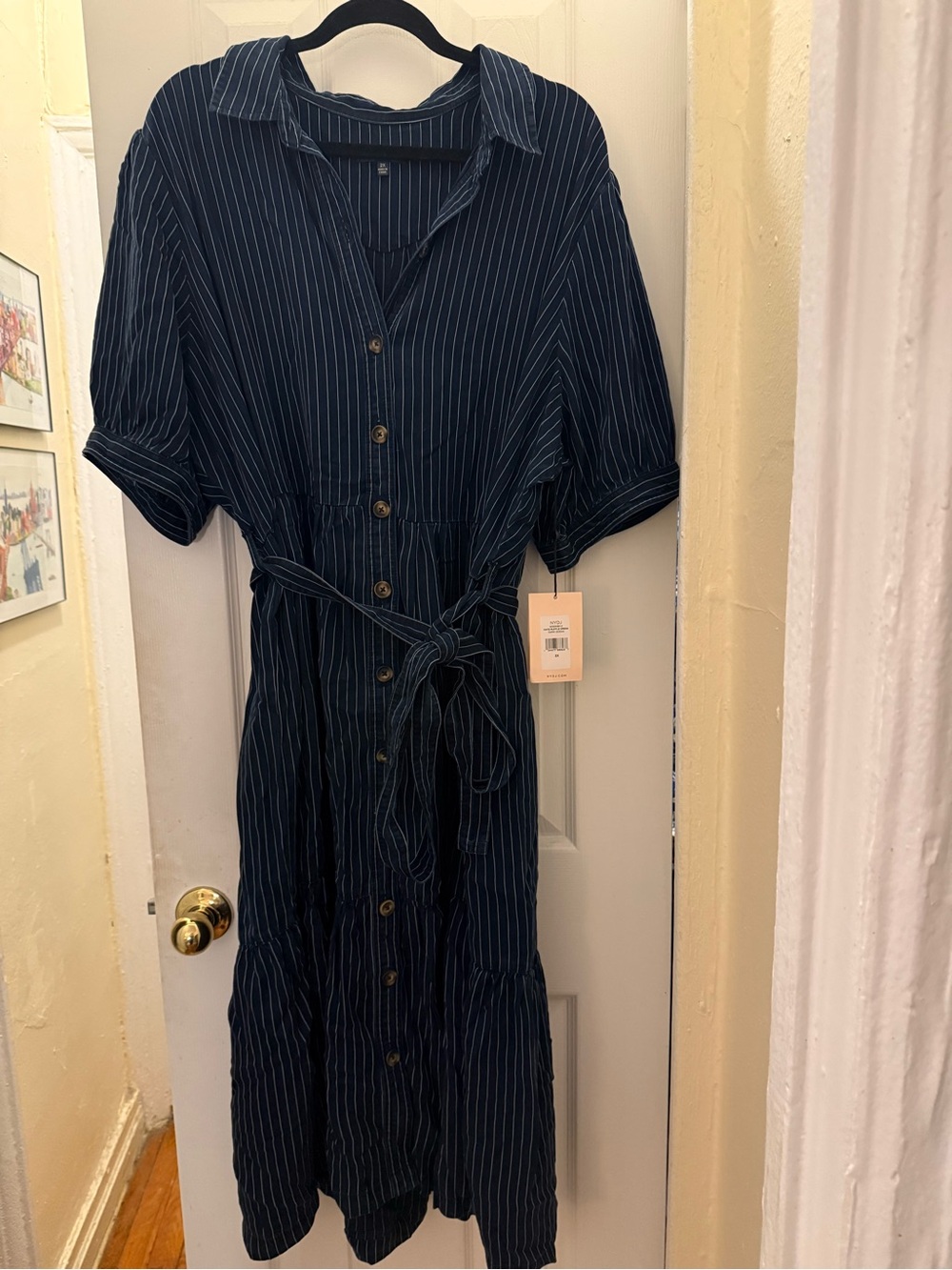 NYDJ Navy Pinstripe Button-Front Midi Dress with Tie Waist